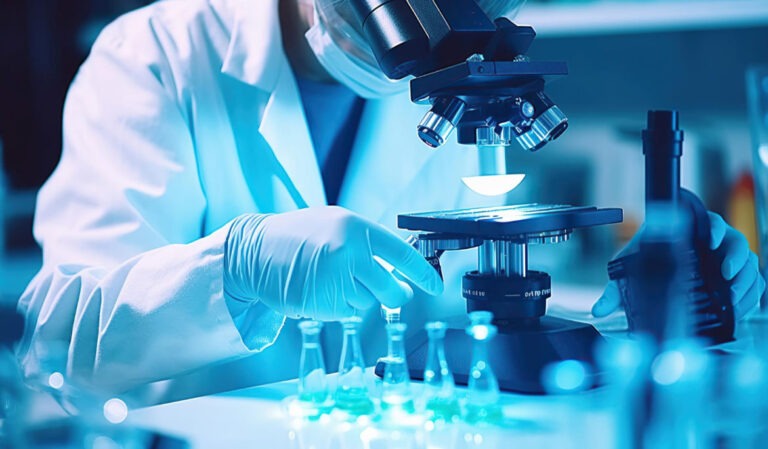 Scientist analyzing samples under microscope in modern ivf laboratory at ayuh fertility centre