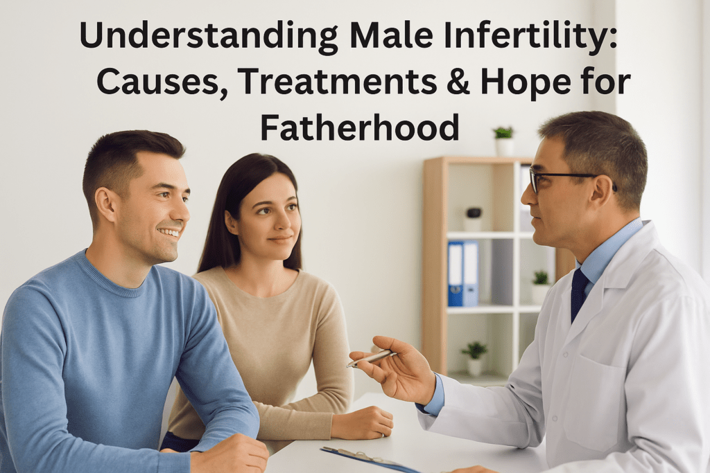 A couple consulting with a male fertility specialist about male infertility treatment options in a modern clinic.