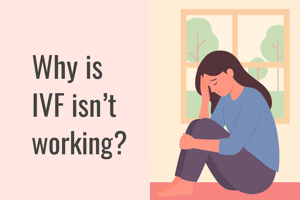 “illustration of a woman feeling emotional with text asking why ivf isn’t working, highlighting recurrent implantation failure as a possible cause. ”