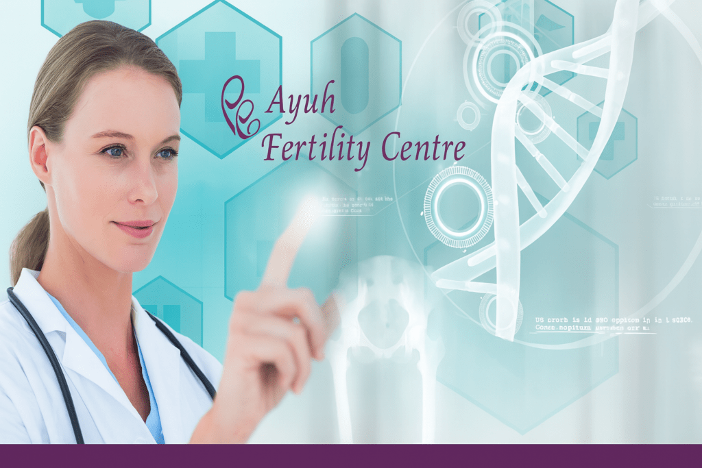 Doctor pointing at digital dna structure with ayuh fertility centre logo, representing genetic testing in ivf.