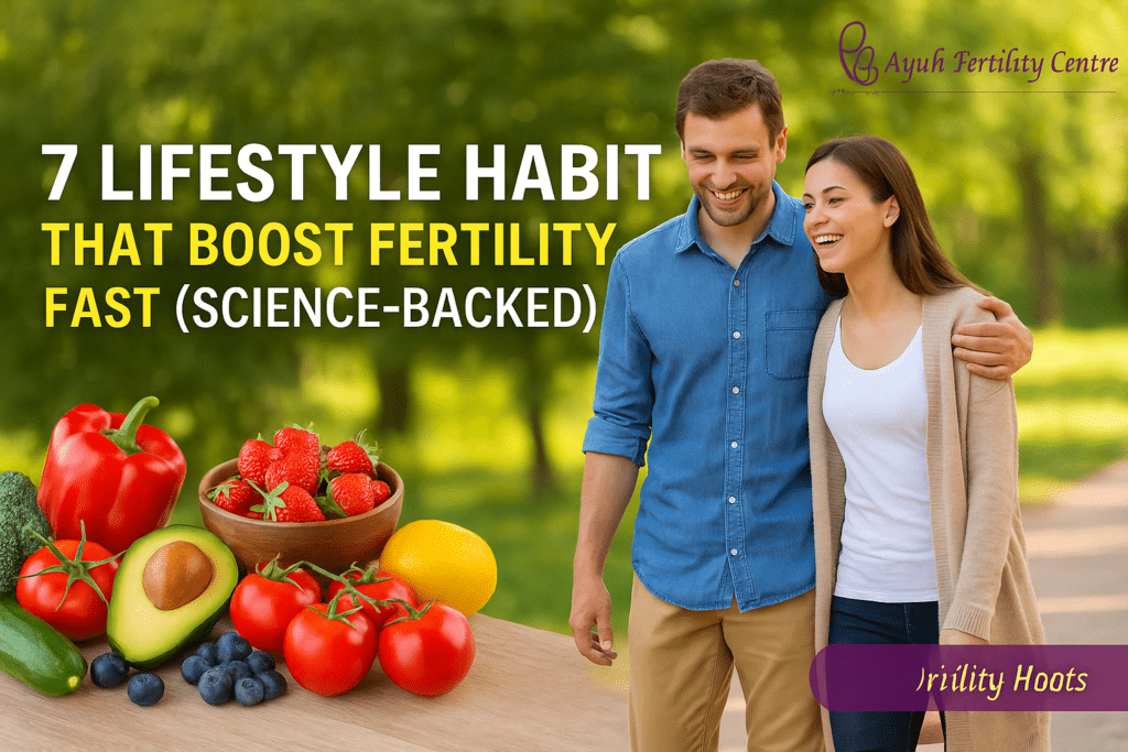 Couple embracing healthy lifestyle habits like diet, exercise, and stress management to boost fertility, guided by ayuh fertility centre.