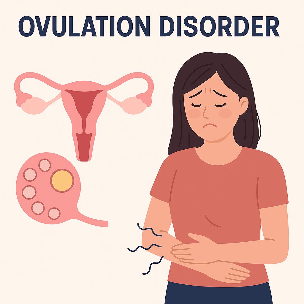 Illustration of a woman experiencing symptoms of ovulation disorder alongside medical graphics of ovaries and uterus.