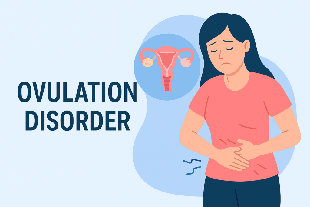 Illustration showing a woman with abdominal discomfort next to a uterus diagram, representing ovulation disorder awareness.