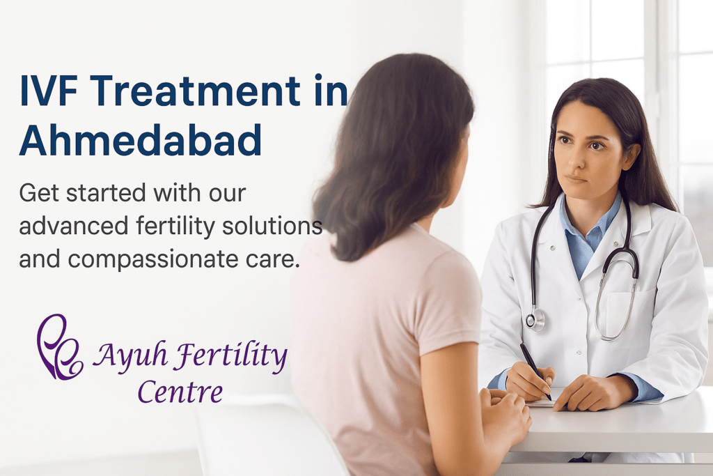 A fertility doctor at ayuh fertility centre ahmedabad consulting a patient about ivf treatment options.