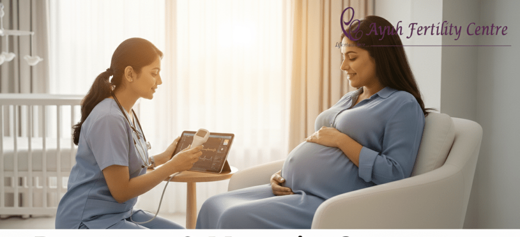 A pregnant woman receiving medical guidance from a doctor, representing trusted maternity care services.