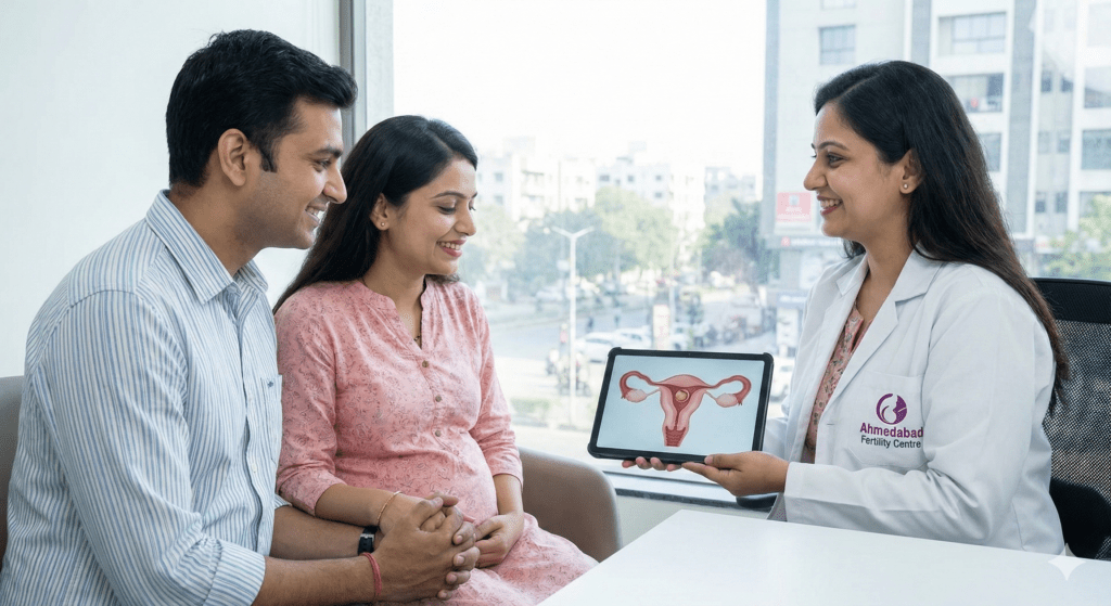 Doctor explaining genetic testing and fertility care in ahmedabad to a couple at ayuh fertility centre