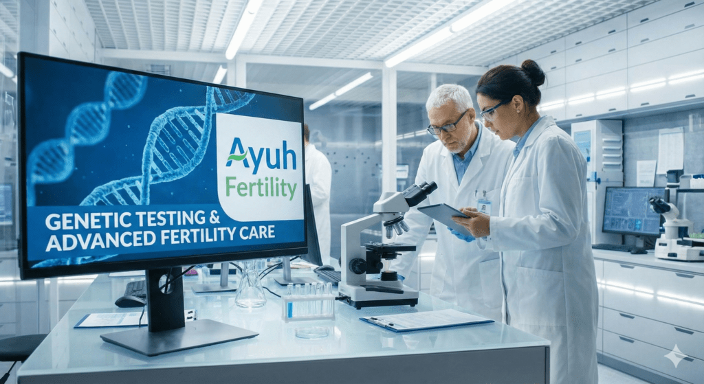 Doctor explaining genetic testing and fertility care in ahmedabad to a couple at ayuh fertility centre