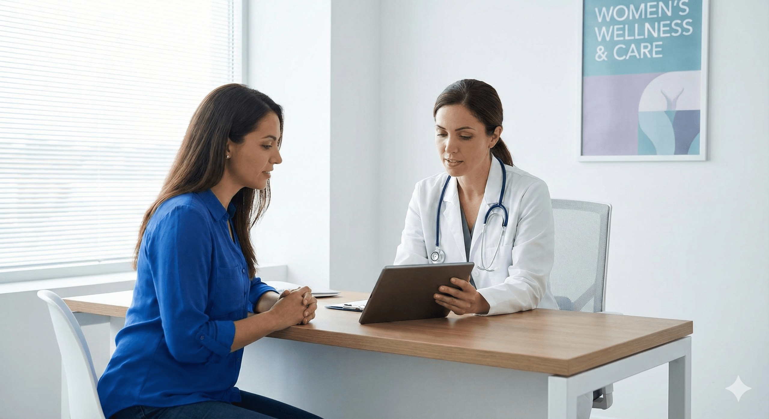 A woman receiving supportive medical guidance at a clinic, representing comprehensive women’s health care.