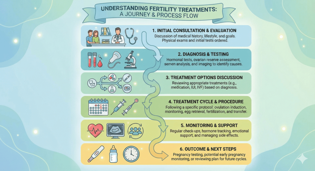 Doctor explaining different fertility treatment like ivf, iui, and icsi to a couple at a fertility clinic.