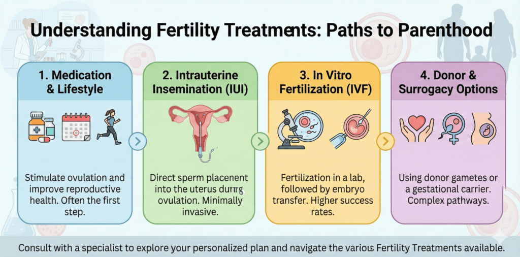Understanding fertility treatments: what couples should know 4 Doctor explaining different fertility treatments like ivf, iui, and icsi to a couple at a fertility clinic.
