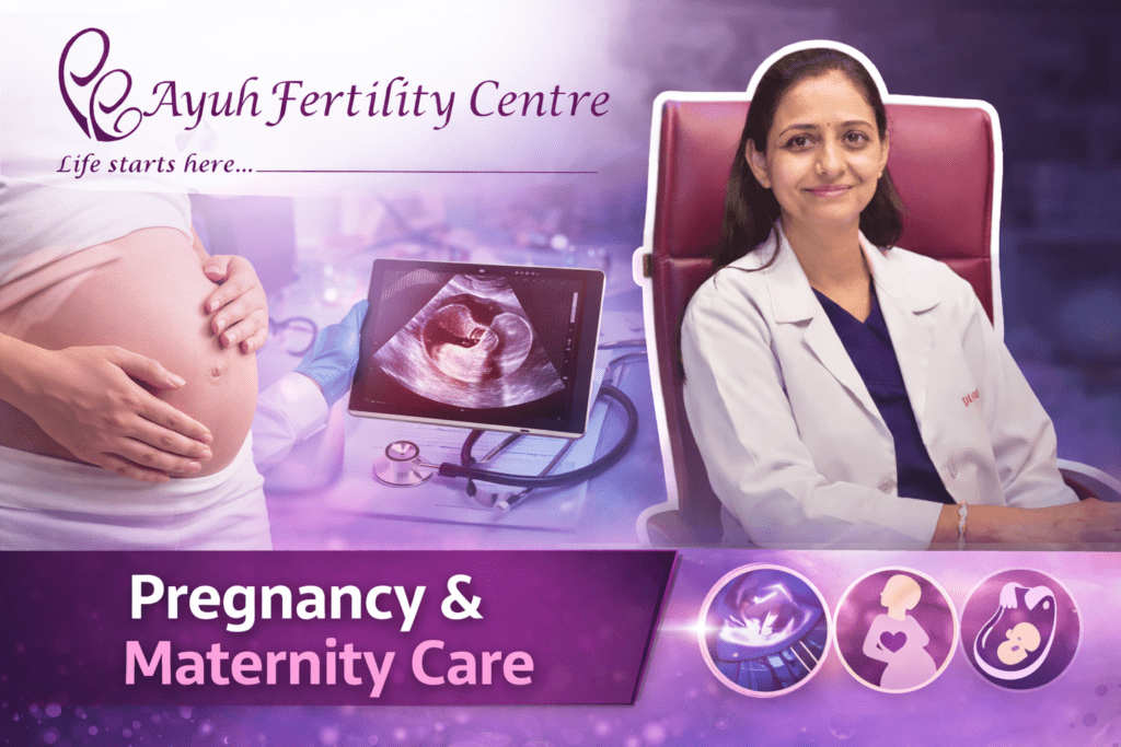 A pregnant woman receiving medical guidance from a doctor, representing trusted maternity care services.