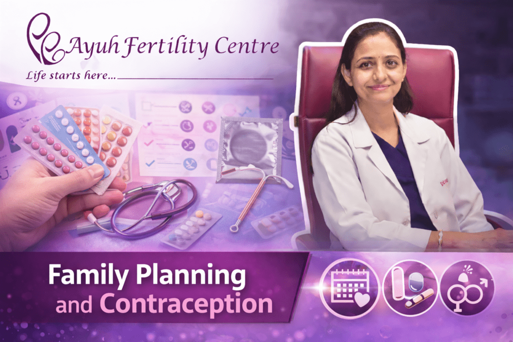 Doctor providing guidance to a woman about family planning & contraception options in a clinic setting.