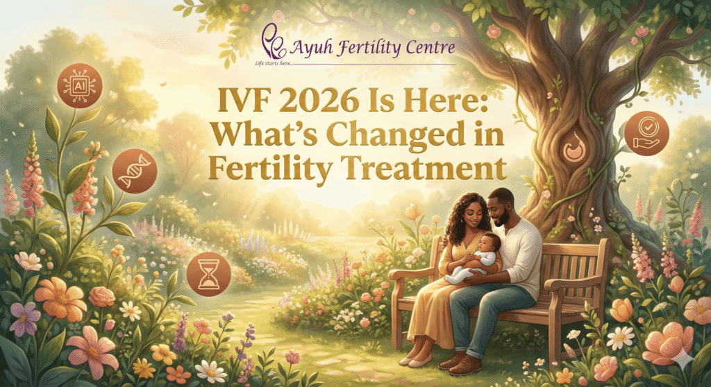 Ivf 2026 modern fertility treatment advancements at ayuh fertility centre with a serene garden scene, happy couple holding baby, and icons of medical science, dna, time, and care.