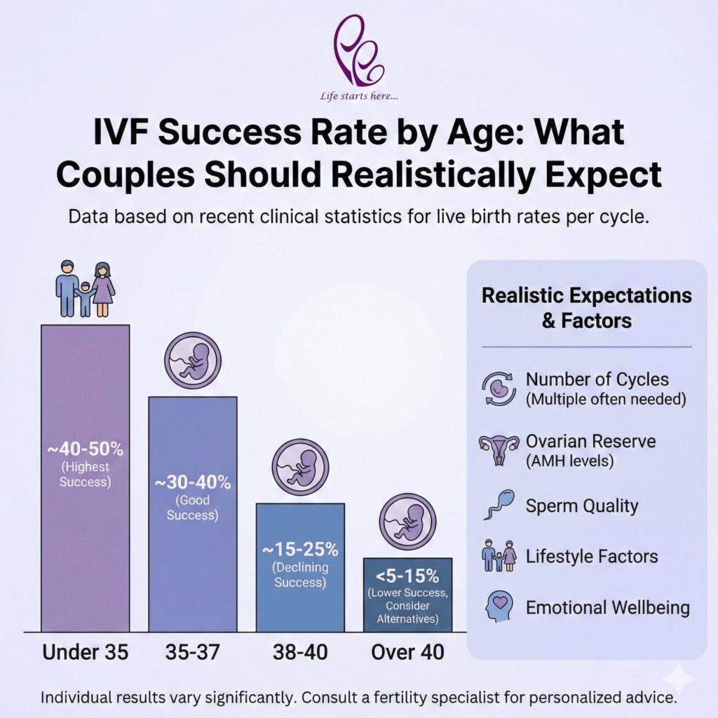 Ivf success rate by age: what couples should realistically expect 3 Ivf success rate by age infographic showing live birth success percentages and key fertility factors