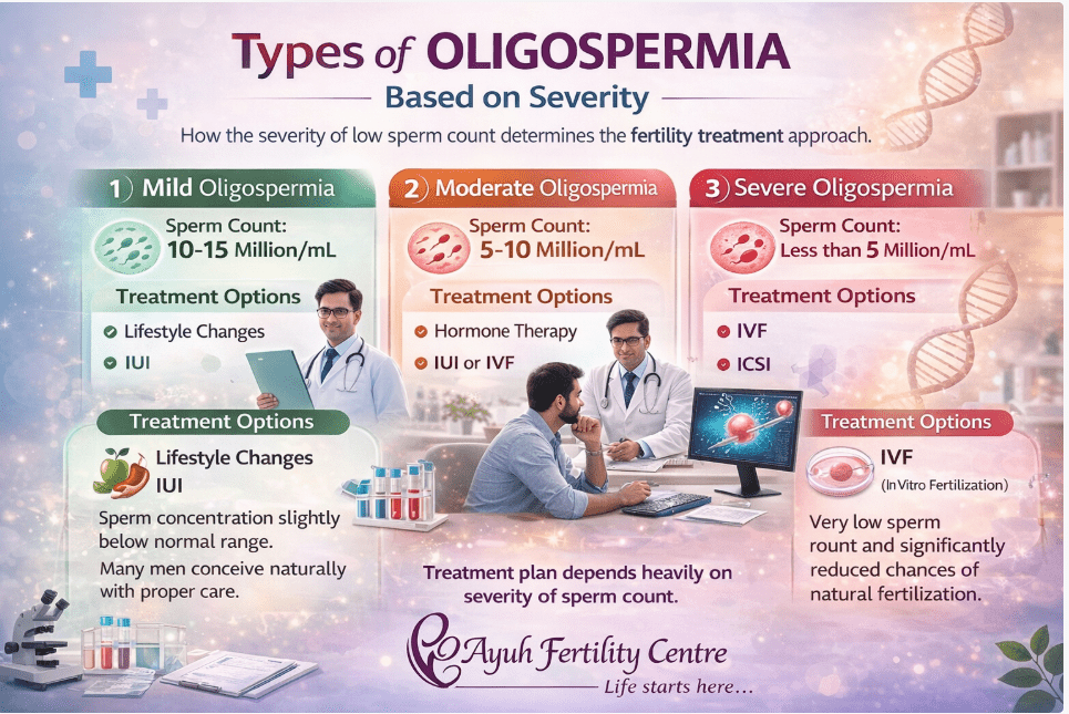 Oligospermia meaning explained in simple words for couples 4 This infographic outlines the treatment approaches for different levels of oligospermia based on sperm count severity