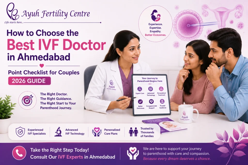 Best ivf doctor ahmedabad consultation image featuring fertility specialist at ayuh fertility centre guiding a couple.