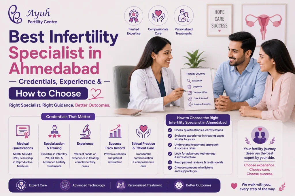 Best infertility specialist in ahmedabad — credentials, experience & how to choose 3 Infertility specialist in ahmedabad consultation image showing fertility doctor guiding couple at ayuh fertility centre.