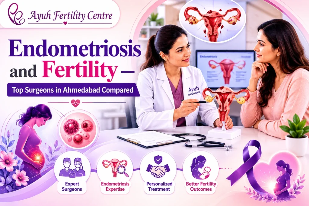 Endometriosis and fertility — top surgeons in ahmedabad compared 1 Endometriosis and fertility image showing fertility specialist explaining endometriosis treatment and pregnancy challenges at ayuh fertility centre.