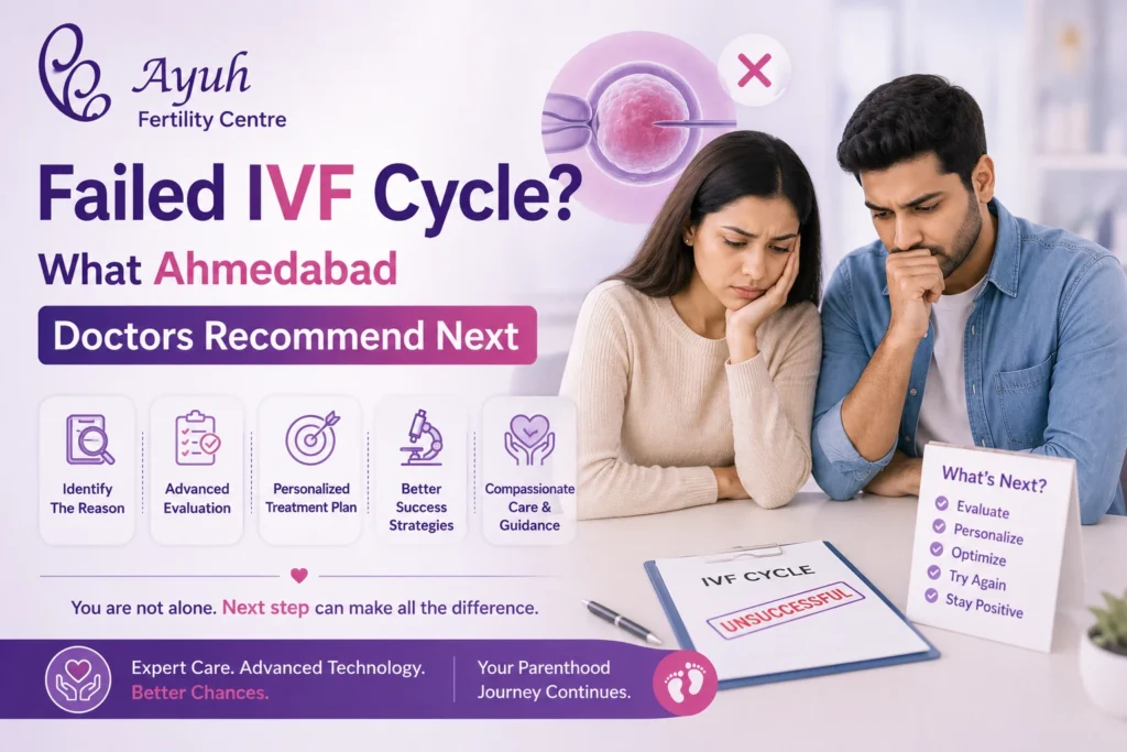 Failed ivf cycle ahmedabad image showing worried couple and next fertility treatment recommendations at ayuh fertility centre.