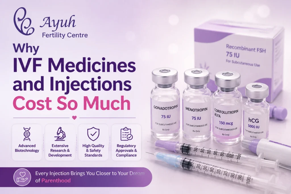 Ivf cost with medicines in ahmedabad showing ivf injections, fertility medicines, and treatment expenses at ayuh fertility centre.