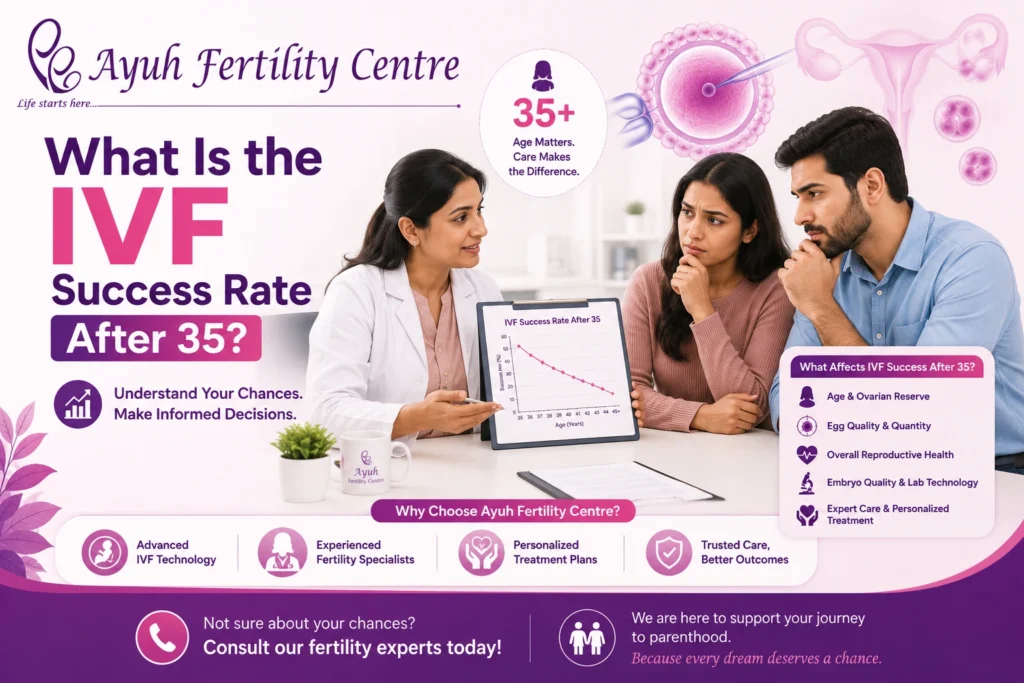 Ivf success rate after 35 ahmedabad explained with fertility doctor consultation and couple at ayuh fertility centre.