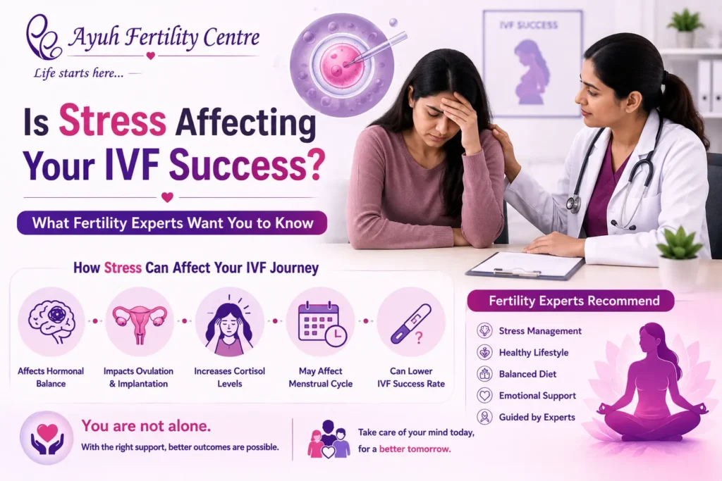 Ivf success image showing stressed woman receiving fertility counseling and emotional support at ayuh fertility centre.
