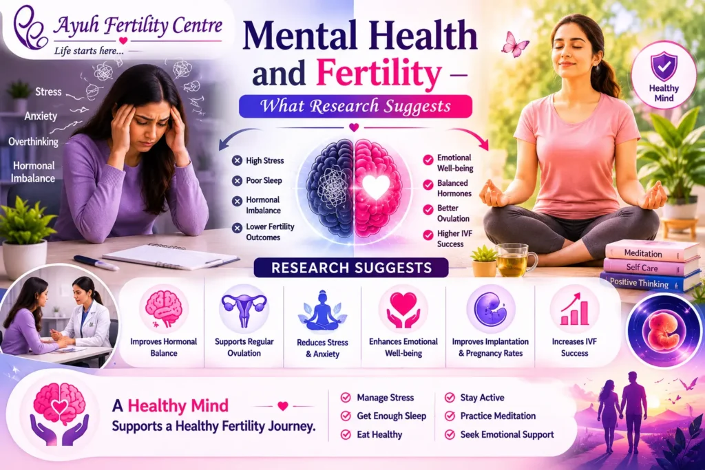 Ivf success image showing stressed woman and meditating woman highlighting the connection between mental health and fertility at ayuh fertility centre.