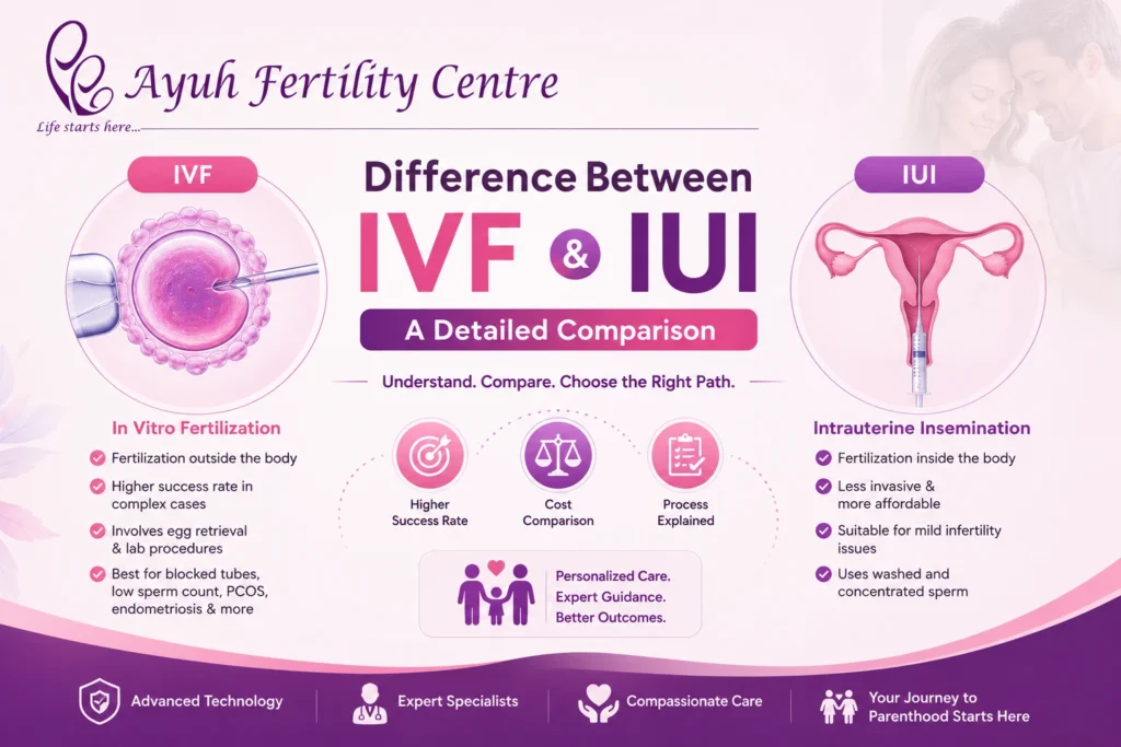 Ivf vs iui ahmedabad comparison image explaining fertility treatment differences at ayuh fertility centre.