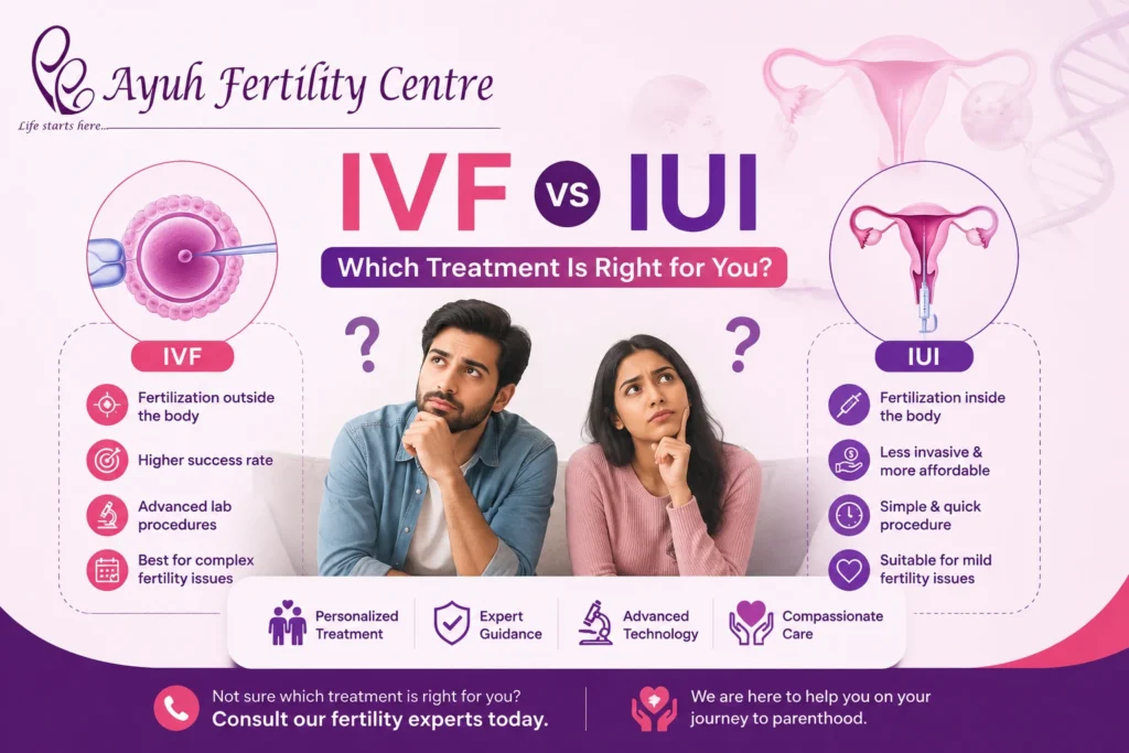 Ivf vs iui ahmedabad comparison image showing confused couple choosing fertility treatment at ayuh fertility centre.