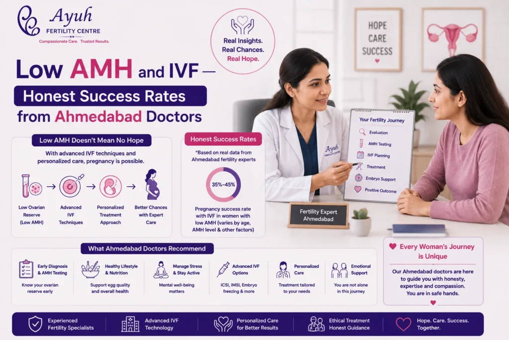 Low amh and ivf image showing fertility doctor consulting woman about ivf success rates at ayuh fertility centre ahmedabad.