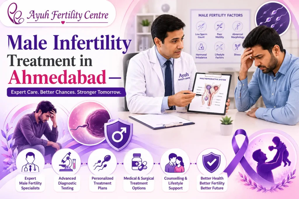 Male infertility image showing stressed man consulting male fertility specialist at ayuh fertility centre ahmedabad.