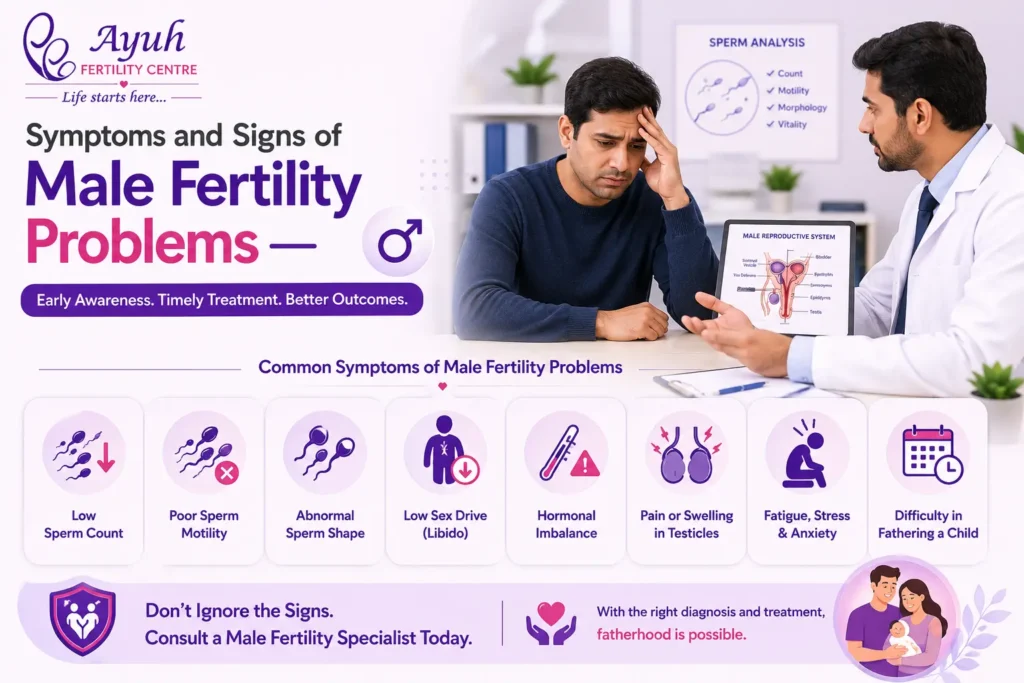 Male infertility image showing stressed man discussing fertility problems with male fertility specialist at ayuh fertility centre.