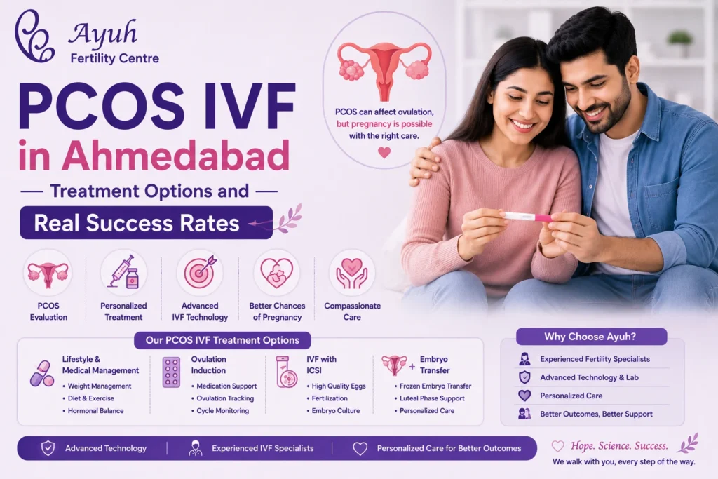 Pcos ivf in ahmedabad — treatment options and real success rates 4 Pcos ivf in ahmedabad image showing couple with positive pregnancy test and advanced fertility treatment guidance at ayuh fertility centre.