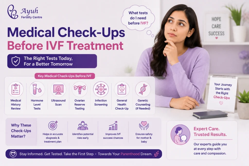 Precautions before ivf treatment image showing woman planning fertility tests and ivf preparation at ayuh fertility centre.