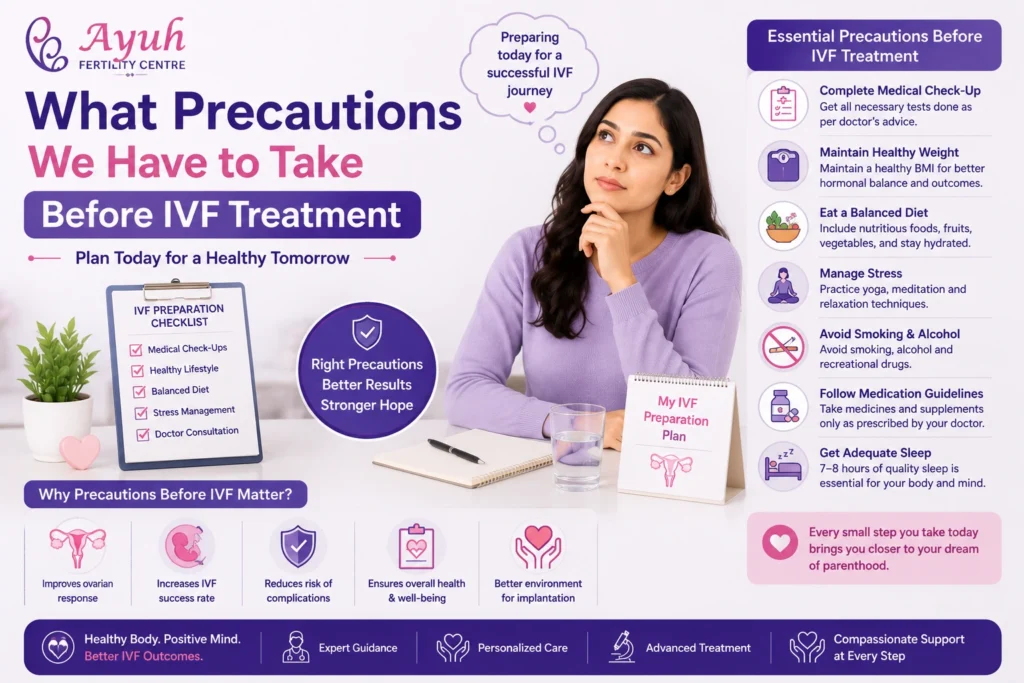 What precautions we have to take before ivf treatment 2 Precautions before ivf treatment image showing woman preparing for ivf with medical checklist and healthy lifestyle guidance at ayuh fertility centre.