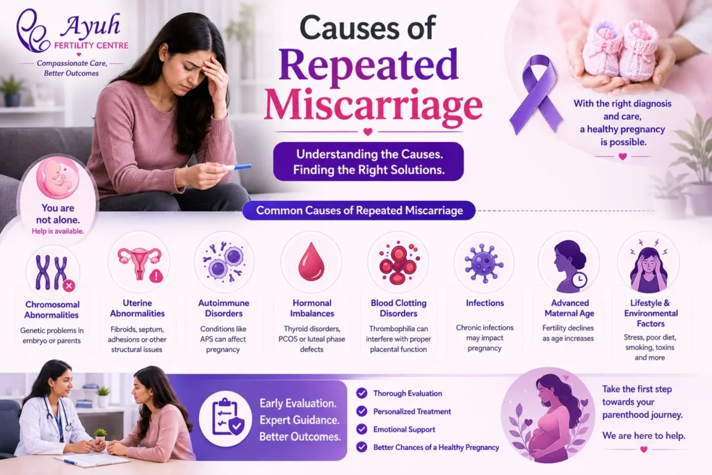 Recurrent miscarriage treatment image showing emotional woman consulting fertility specialist for repeated pregnancy loss at ayuh fertility centre.