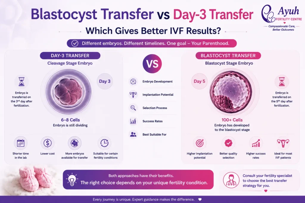 Blastocyst transfer vs day-3 transfer image comparing day 3 embryo transfer and blastocyst transfer during ivf treatment.