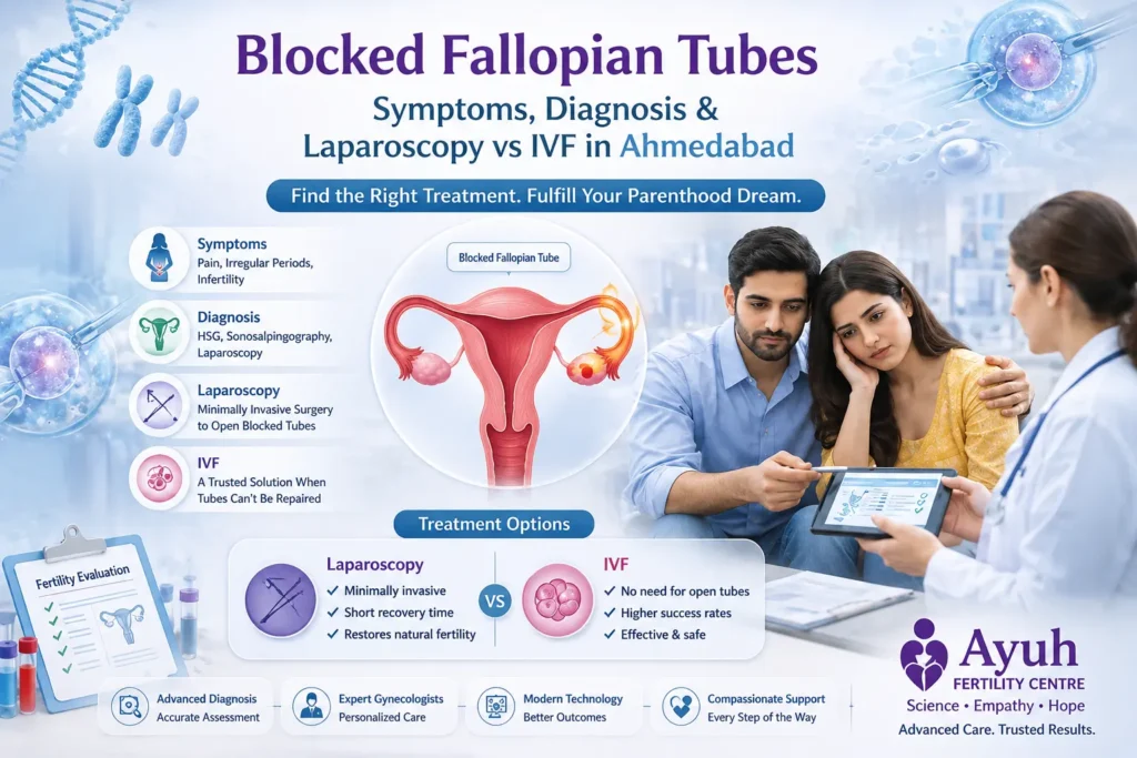 Blocked fallopian tubes image showing symptoms, diagnosis, laparoscopy, ivf treatment options, and fertility specialist consultation.