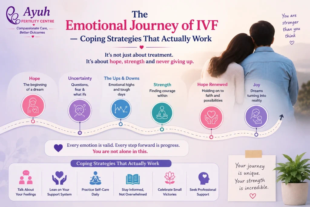 The emotional journey of ivf — coping strategies that actually work 2 Emotional journey of ivf image showing a hopeful couple navigating emotional stages of fertility treatment and coping strategies.