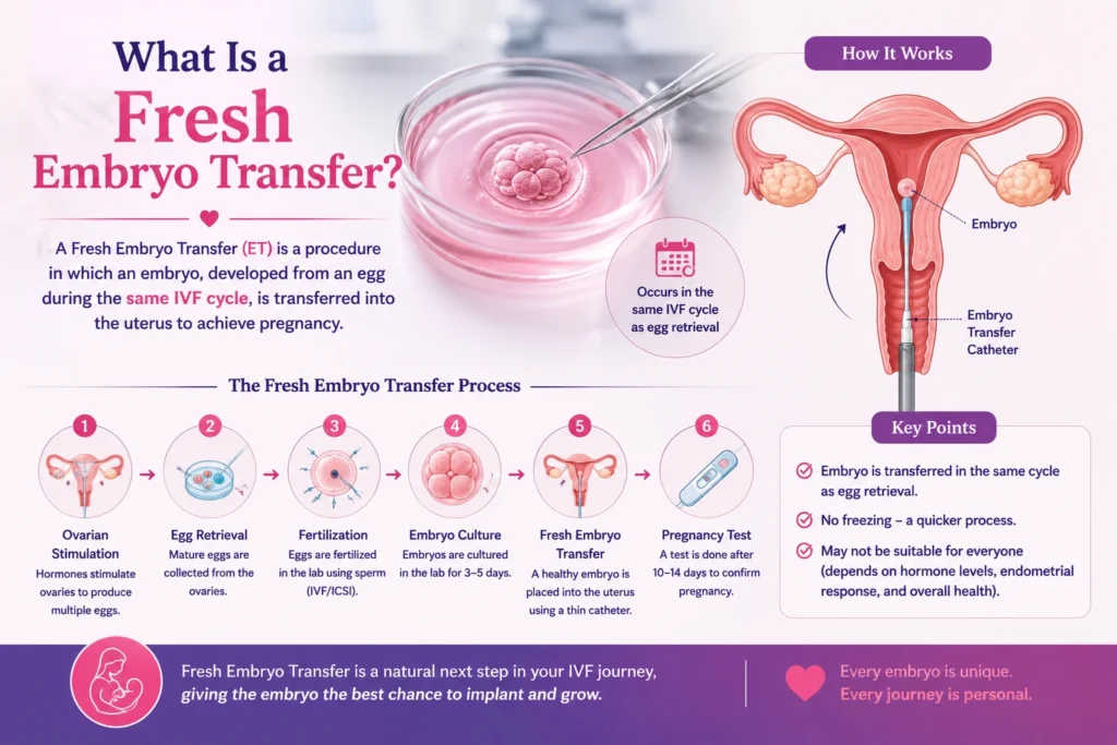 Frozen embryo transfer vs fresh transfer image explaining fresh embryo transfer, ivf process, and embryo transfer options for fertility treatment.
