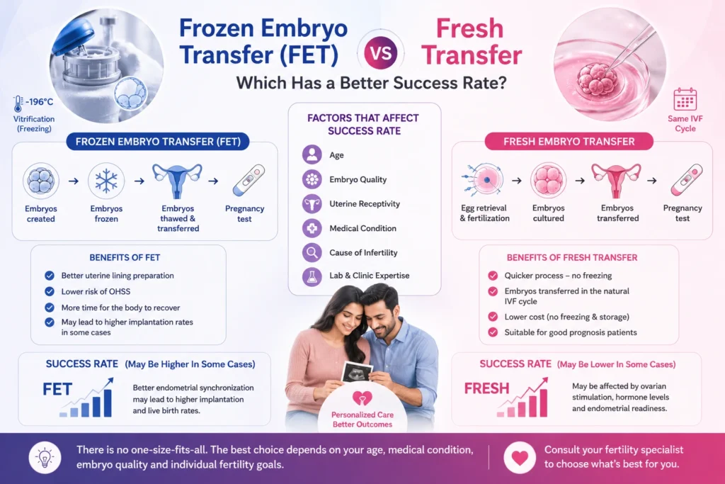 Frozen embryo transfer vs fresh transfer image comparing fet and fresh embryo transfer procedures, benefits, and ivf success rates.