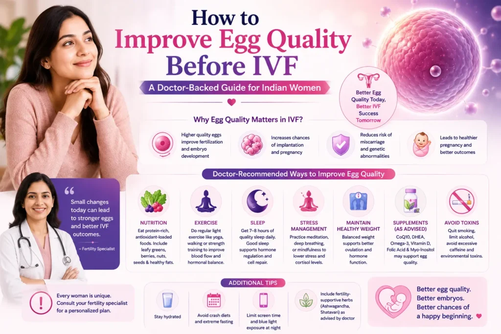 How to improve egg quality before ivf image showing fertility specialist and woman learning about healthy lifestyle changes for better ivf outcomes.