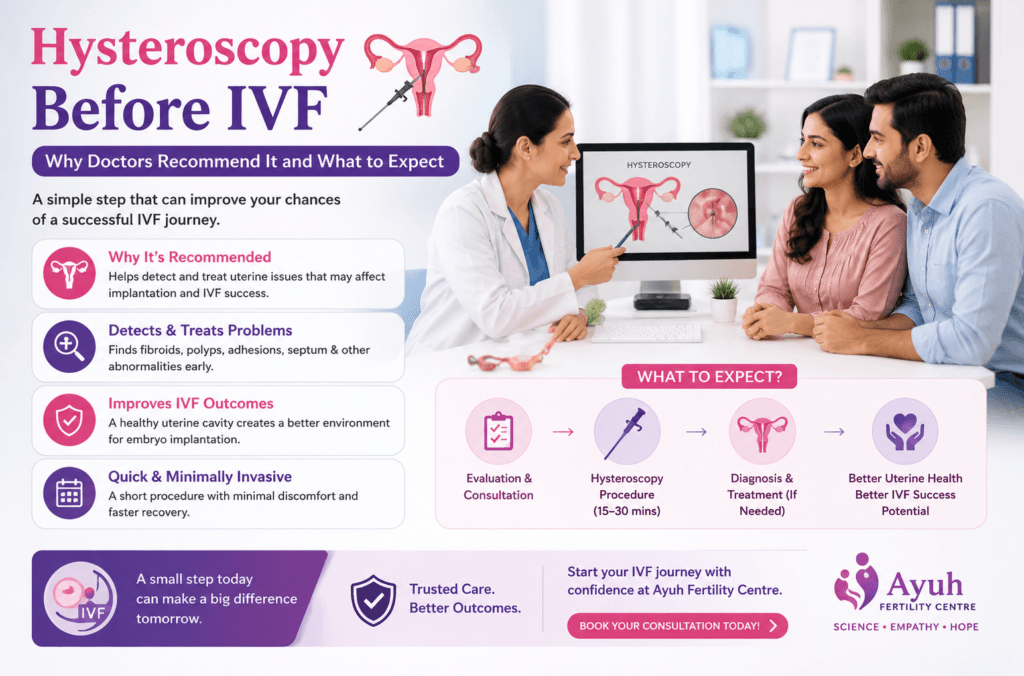 Hysteroscopy before ivf image showing a fertility doctor explaining the hysteroscopy procedure to a couple before ivf treatment.