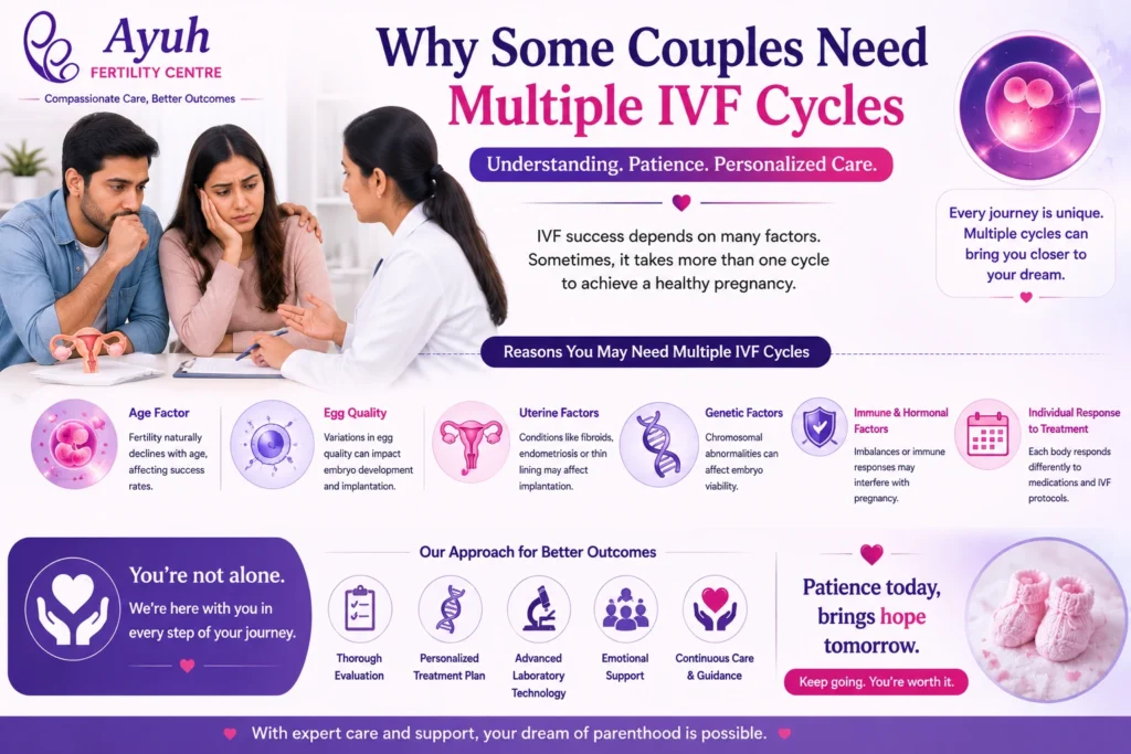 Ivf cycles image showing concerned couple consulting fertility specialist about multiple ivf cycles and treatment success at ayuh fertility centre.