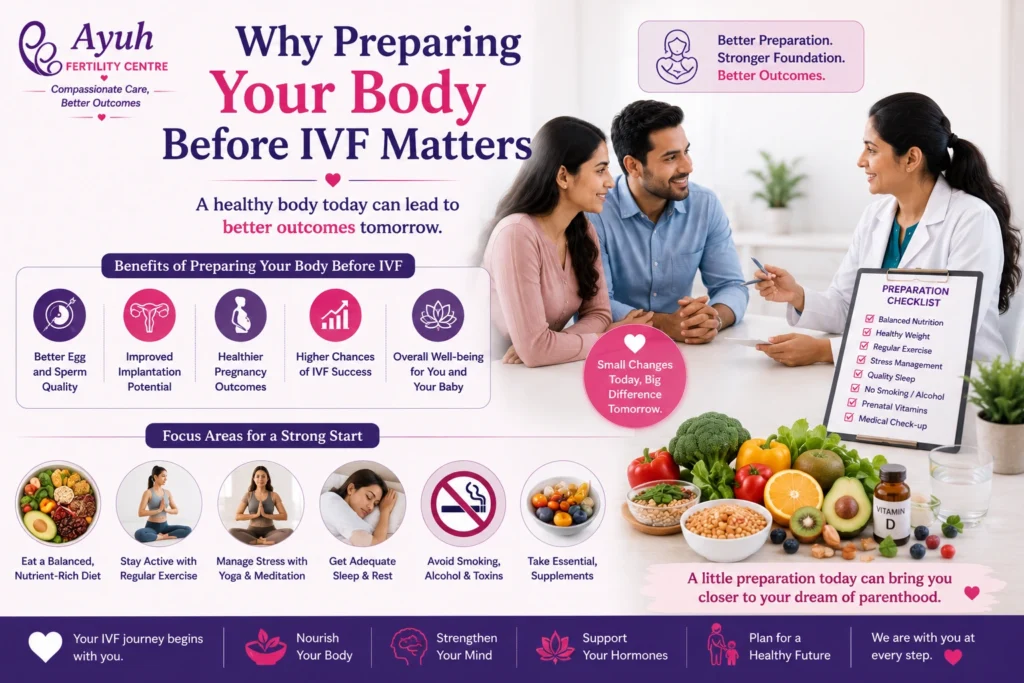 Improve ivf success image showing fertility doctor advising a couple on healthy diet and lifestyle changes before ivf treatment.