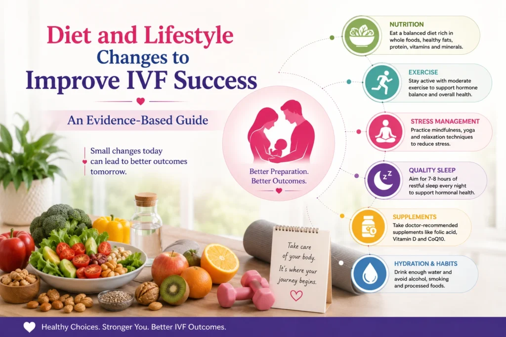 Improve ivf success image showing healthy diet, exercise, hydration, and lifestyle habits that support better ivf outcomes.