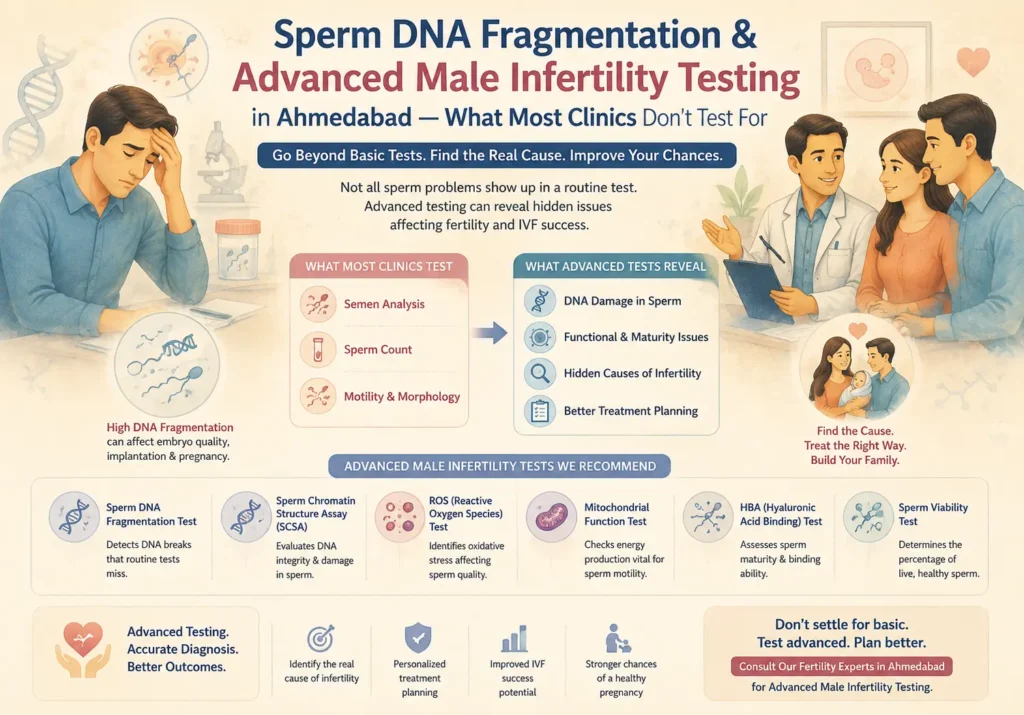 Male infertility advanced testing ahmedabad image showing advanced sperm dna testing, fertility specialist consultation, and male fertility evaluation.