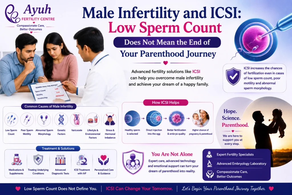 Male infertility and icsi image showing couple consulting fertility specialist about low sperm count treatment and icsi procedure at ayuh fertility centre.