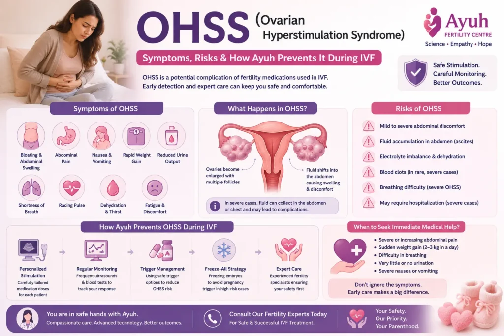 Ohss image showing symptoms of ovarian hyperstimulation syndrome, enlarged ovaries, and ivf safety monitoring by a fertility specialist.