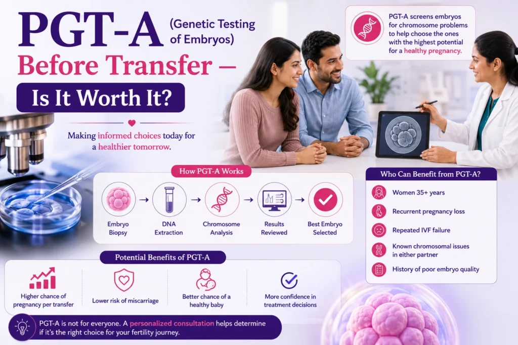 Pgt-a (genetic testing of embryos) before transfer — is it worth it? 2 Pgt-a image showing genetic testing of embryos before ivf transfer to identify healthy embryos and support successful pregnancy outcomes.